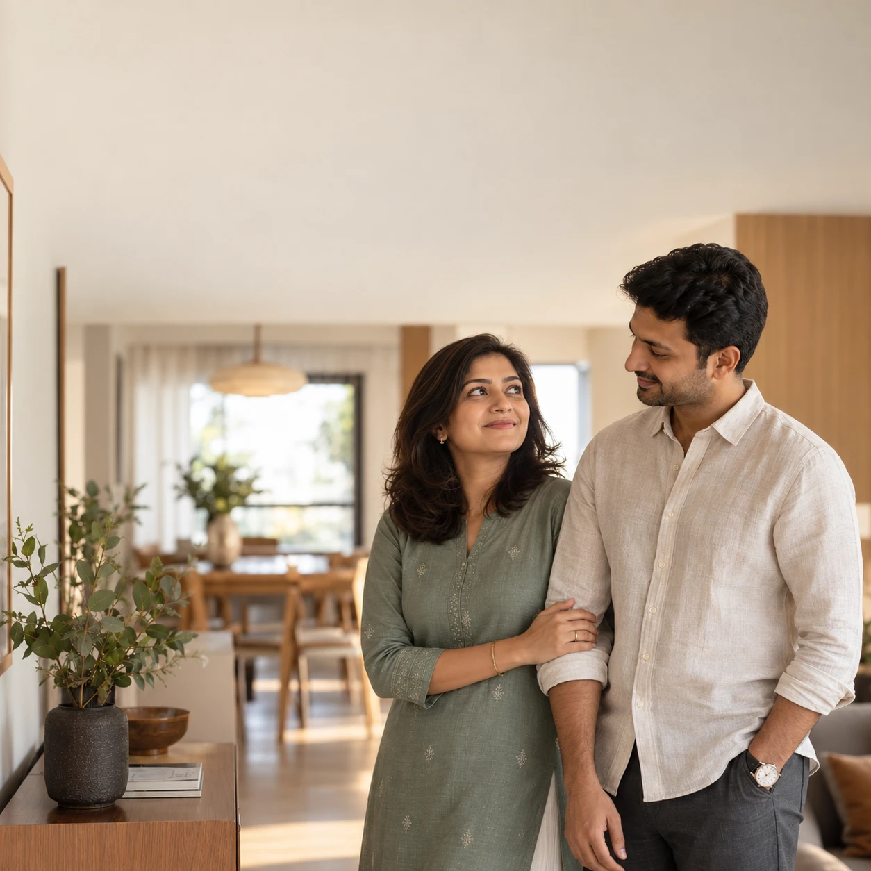 Dramatised couple imagining their family life together in a home
